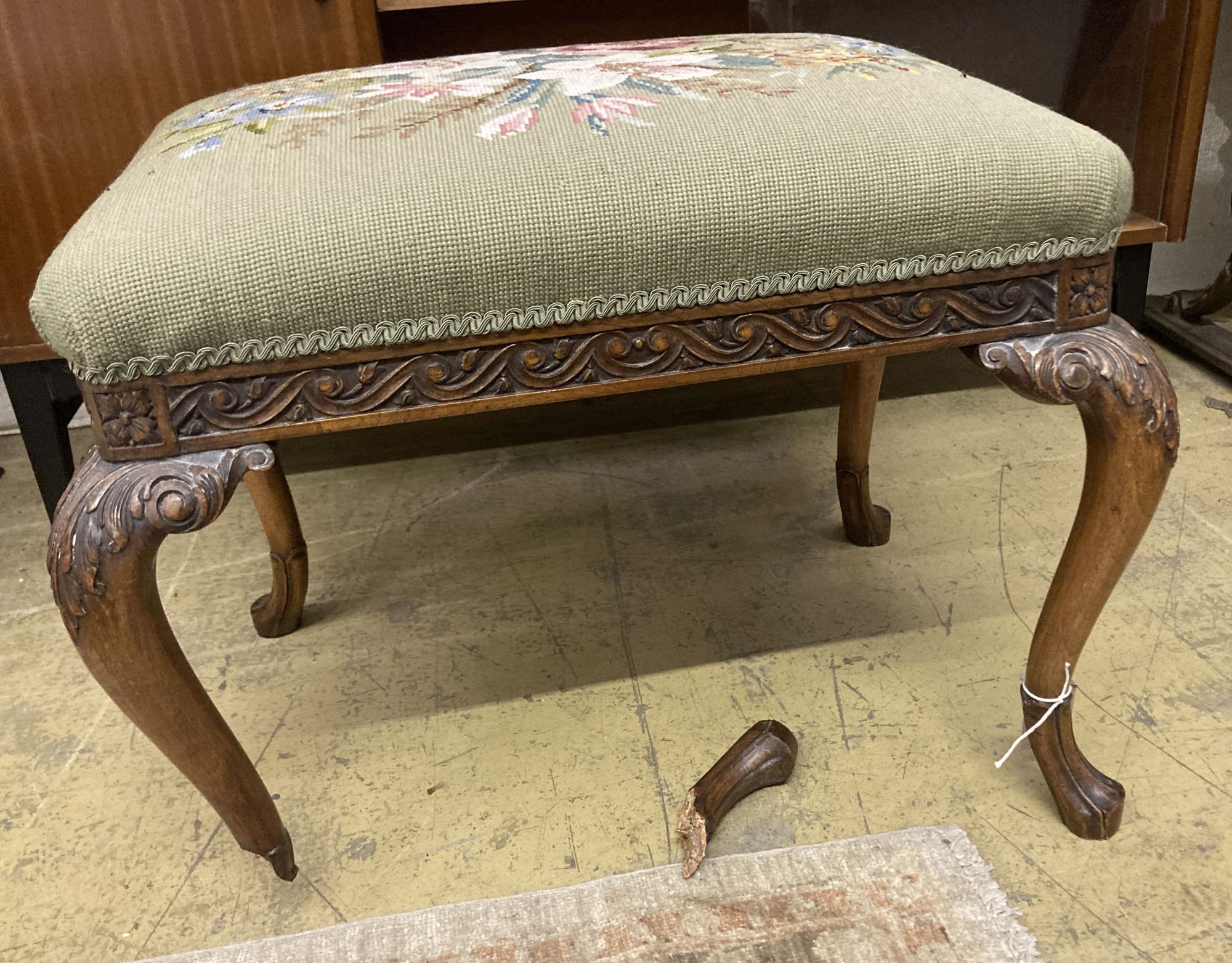 A George III style floral tapestry upholstered rectangular topped mahogany dressing stool, in the manner of George III, length 62cm, de